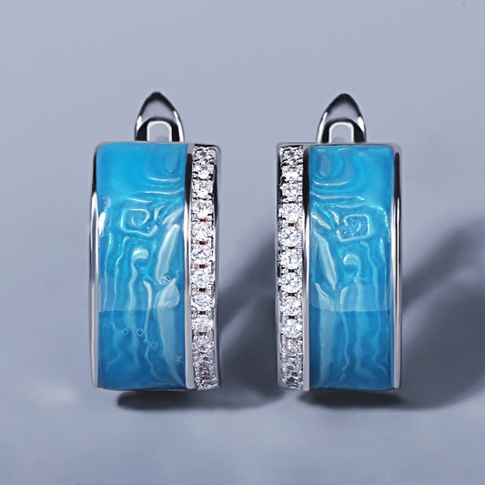Blue Enamel Earrings for Women with Zircon Sparkling in 925 Silver