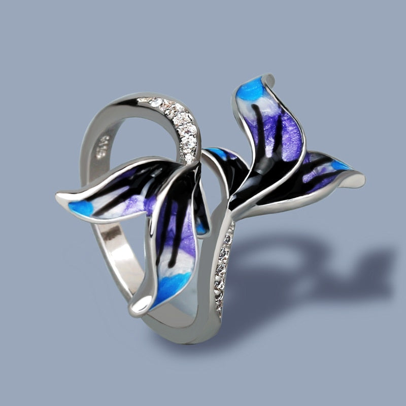 Blue Mermaid Tail Ring for Women with Handmade Enamel in 925 Silver