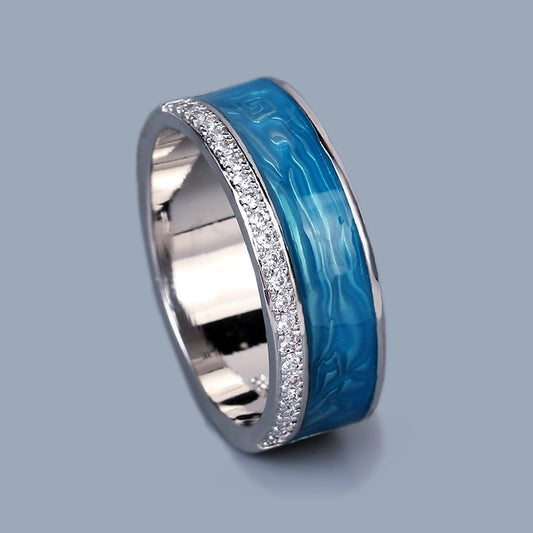 Fashion Jewelry Blue Stripe Enamel Ring for Women with Zircon in 925 Sterling Silver