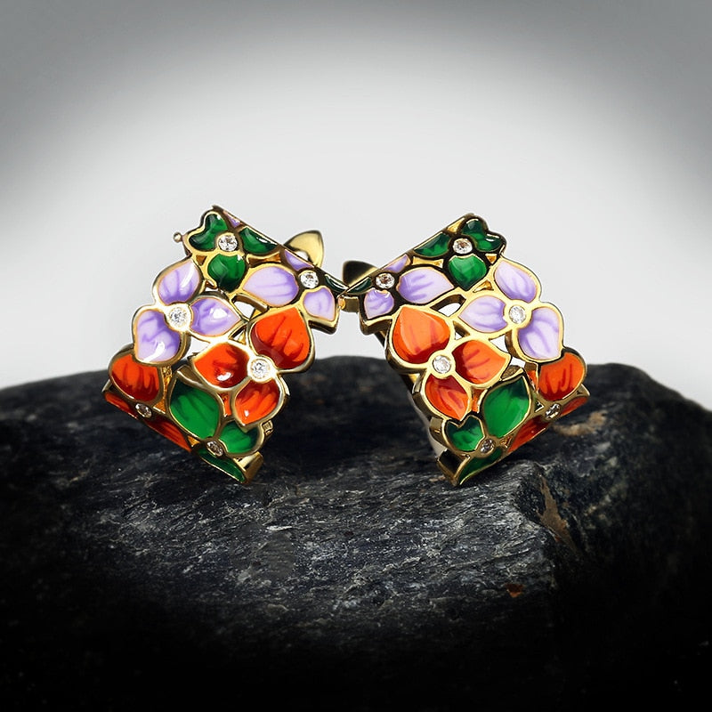 Colorful Flower Enamel Hoop Earrings for Women with Zircon in 925 Sterling Silver