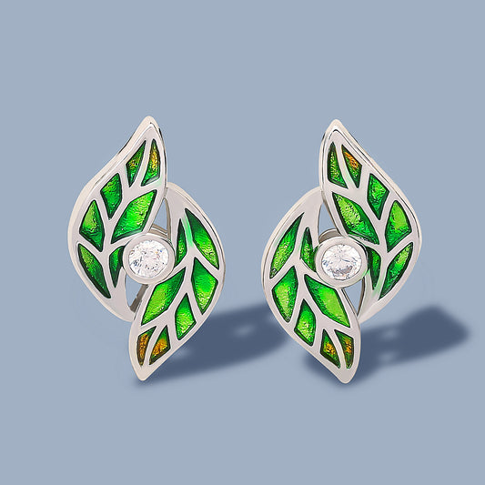 Enamel Green Leaves Drop Earrings for Women with Zircon in 925 Sterling Silver