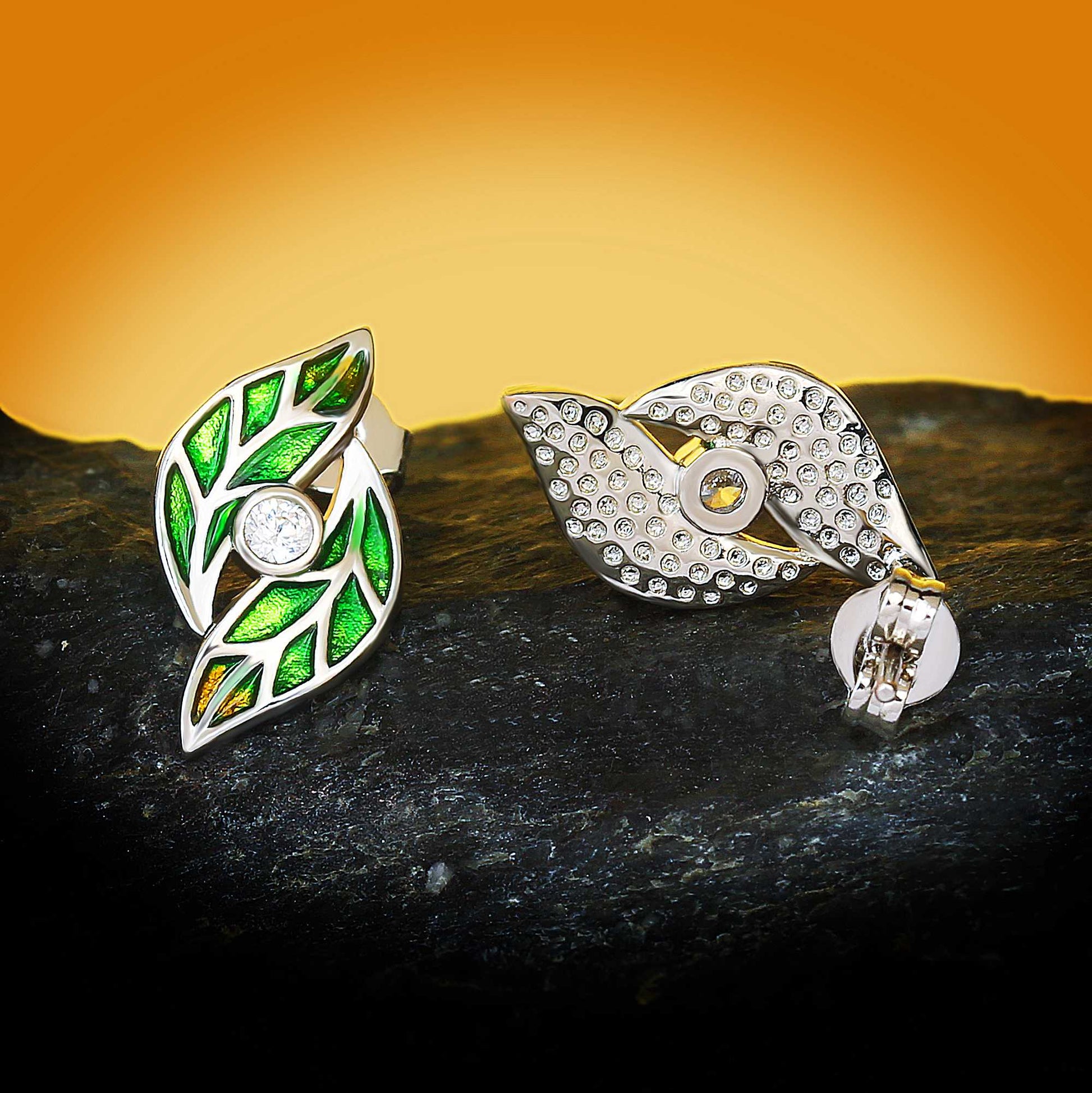 Enamel Green Leaves Drop Earrings for Women with Zircon in 925 Sterling Silver