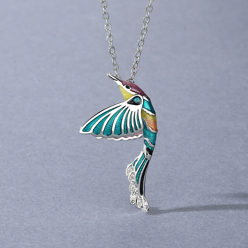 Hummingbird Enamel Pendant Necklace in Color Epoxy with Naturally beautiful Zircon