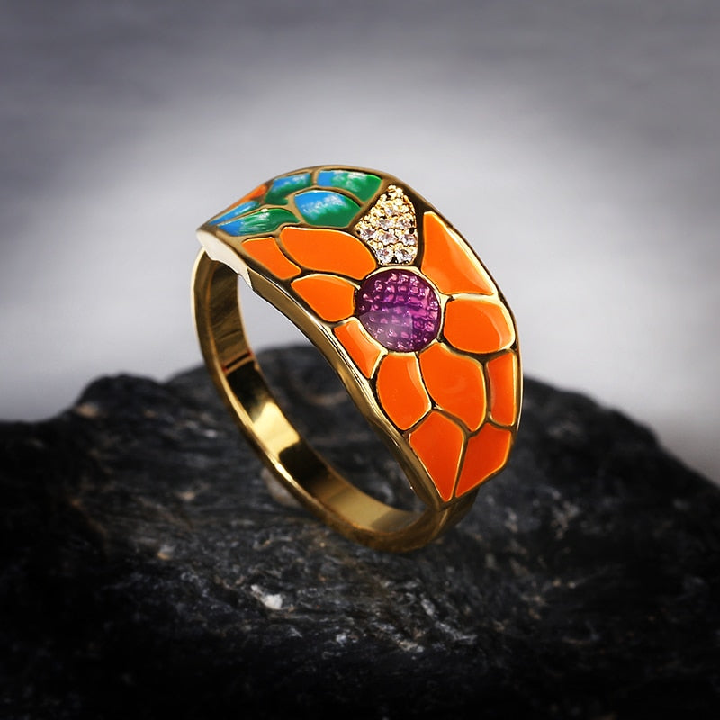 Fashion Jewelry Sun Flower Enamel Ring for Women with Zircon in 925 Silver