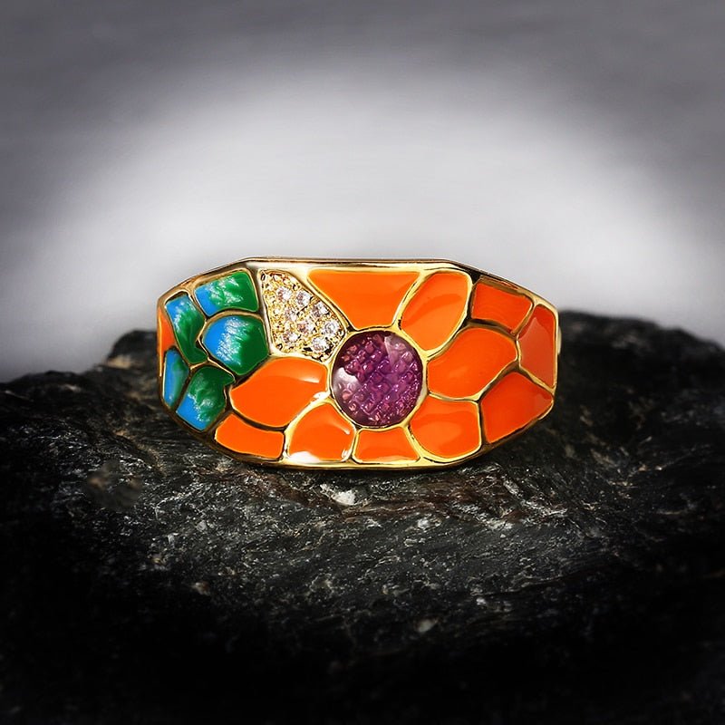 Fashion Jewelry Sun Flower Enamel Ring for Women with Zircon in 925 Silver