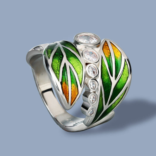 Handmade Green Leaf Enamel Ring for Women with Zircon in 925 Silver