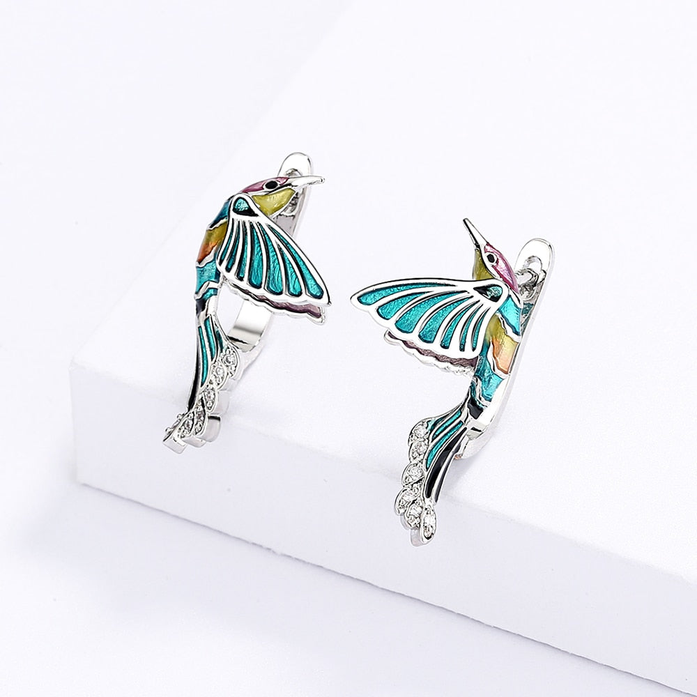 Creative Hummingbird Enamel Drop Earrings for Women with Zircon in Silver Color