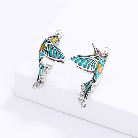 Creative Hummingbird Enamel Drop Earrings for Women with Zircon in Silver Color