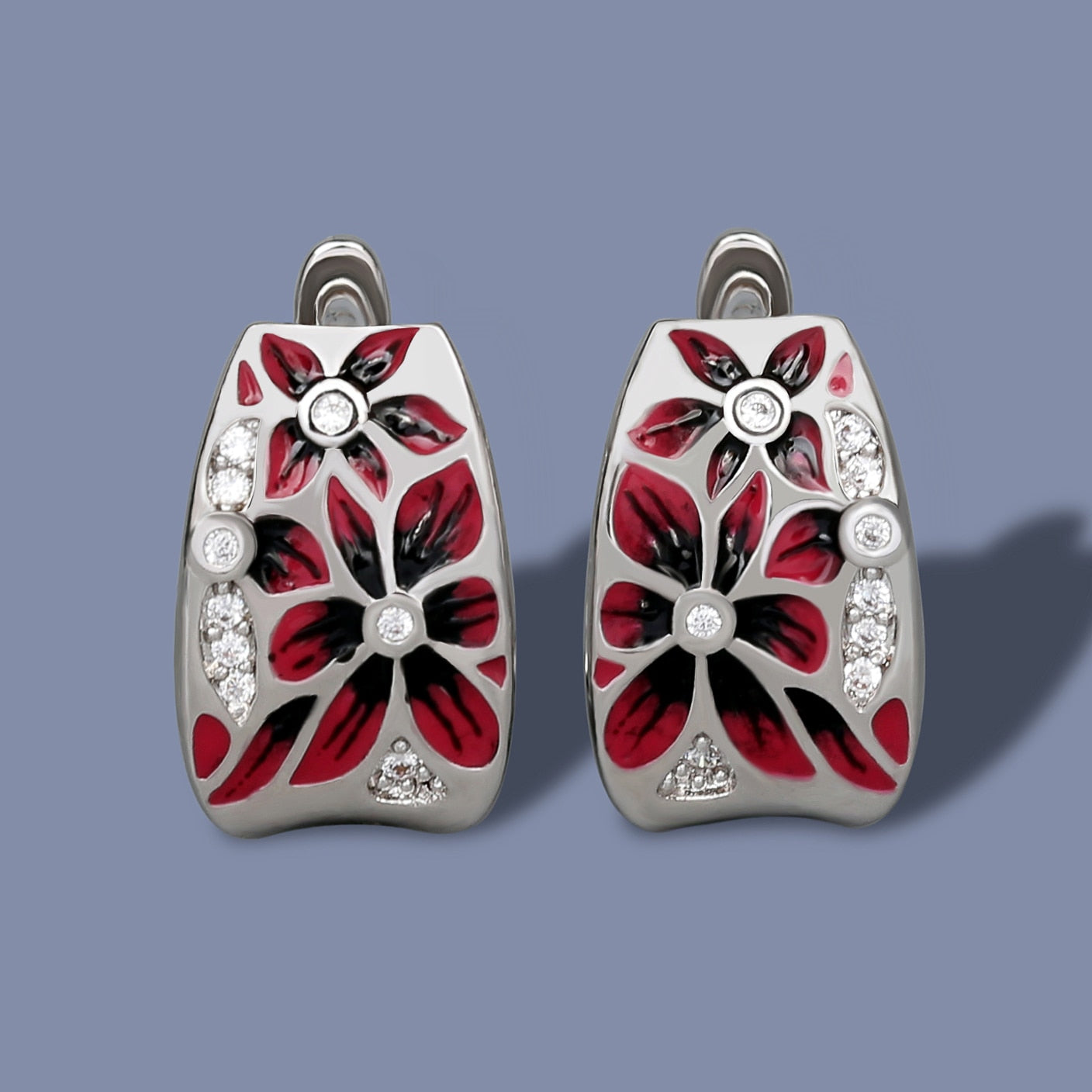 Simple Red Flower Enamel Drop Earrings for Women with Zircon in 925 Sterling Silver