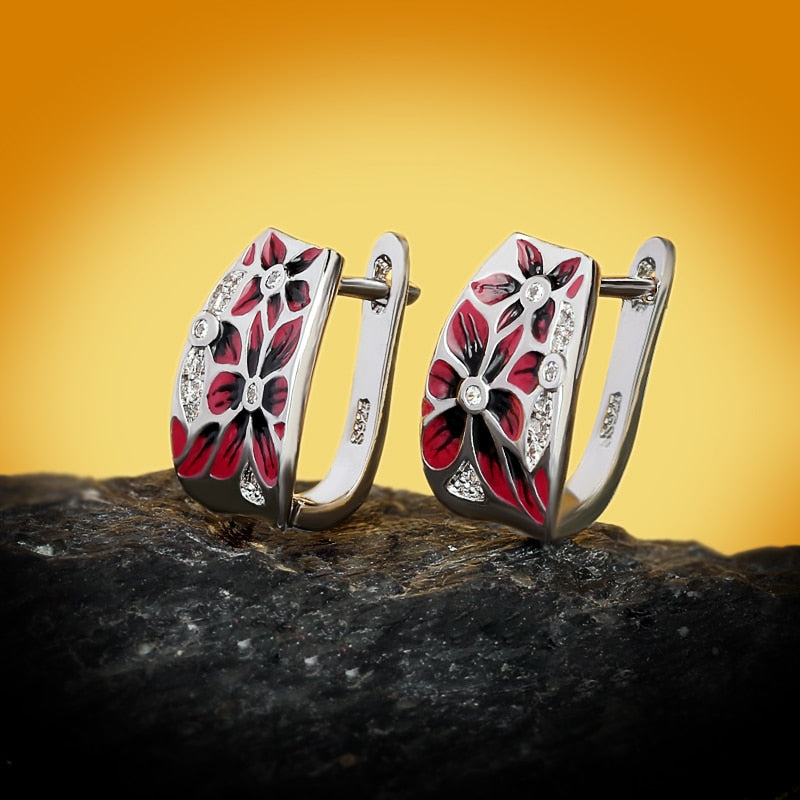 Simple Red Flower Enamel Drop Earrings for Women with Zircon in 925 Sterling Silver