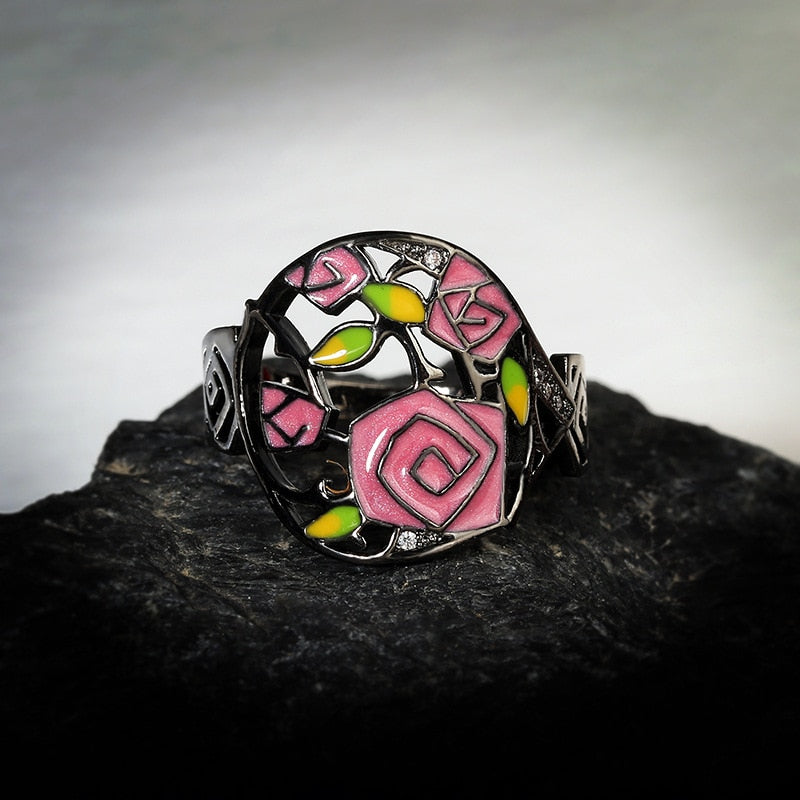 Trendy Jewelry Temperament Forest Enamel Ring for Women in Black Color