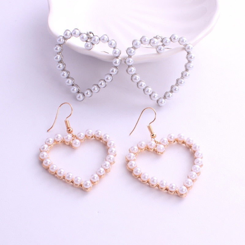 Statement Jewelry Big Heart Pearl Drop Earrings with Zircon in Gold Color