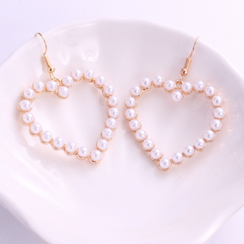 Statement Jewelry Big Heart Pearl Drop Earrings with Zircon in Gold Color