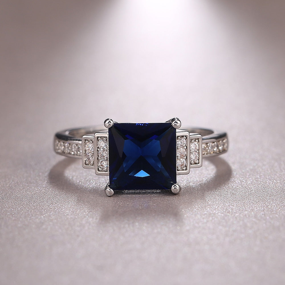 Vintage Jewelry Square Cut Blue Zircon Cocktail Ring for Women in Silver Color