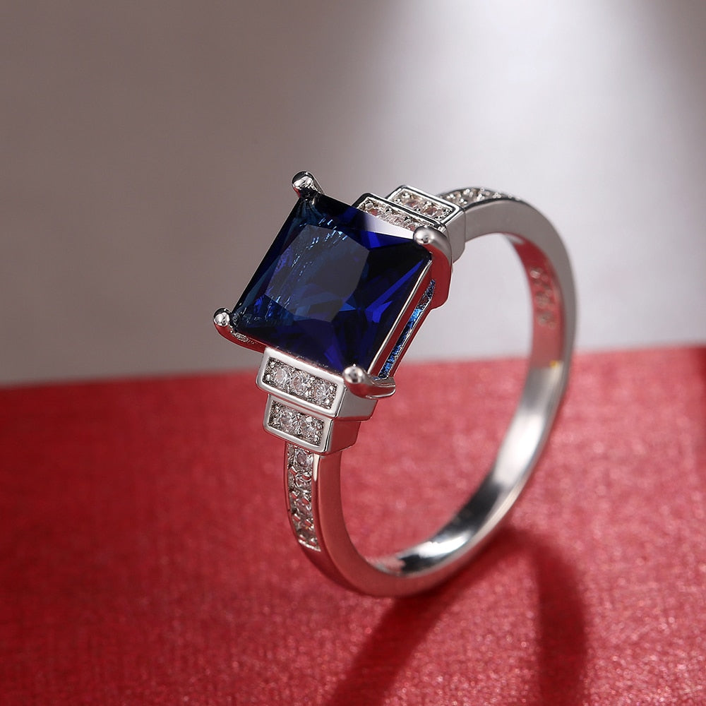 Vintage Jewelry Square Cut Blue Zircon Cocktail Ring for Women in Silver Color