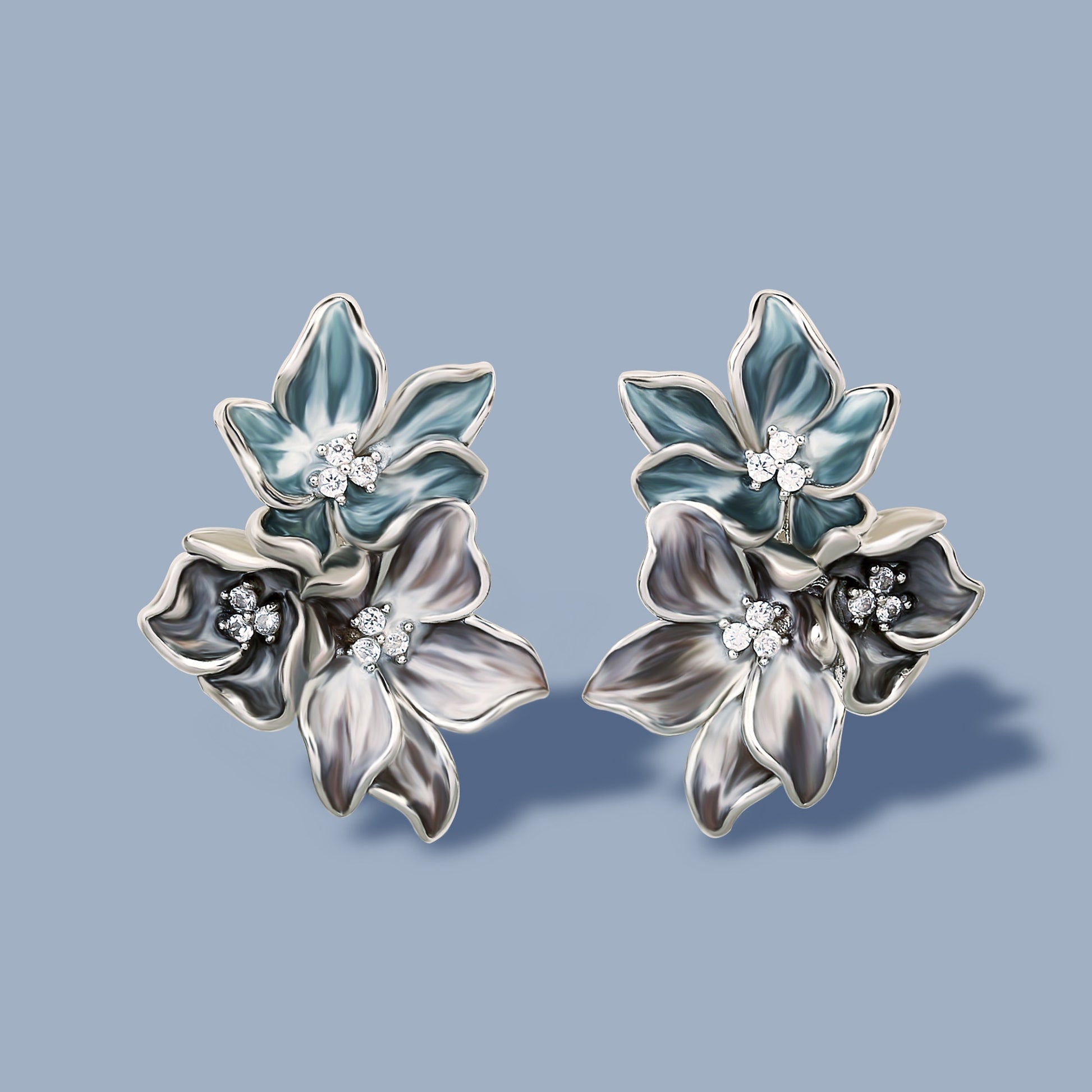 Elegant Flower Earrings for Women with Handmade Enamel in 925 Silver