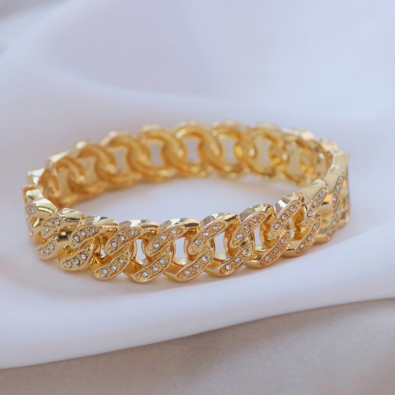 Hip Hop Jewelry Miami Cuban Bangle Bracelet for Women with  Rhinestone in Gold Color