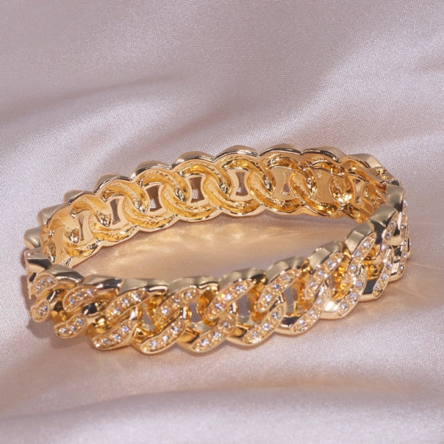 Hip Hop Jewelry Miami Cuban Bangle Bracelet for Women with  Rhinestone in Gold Color