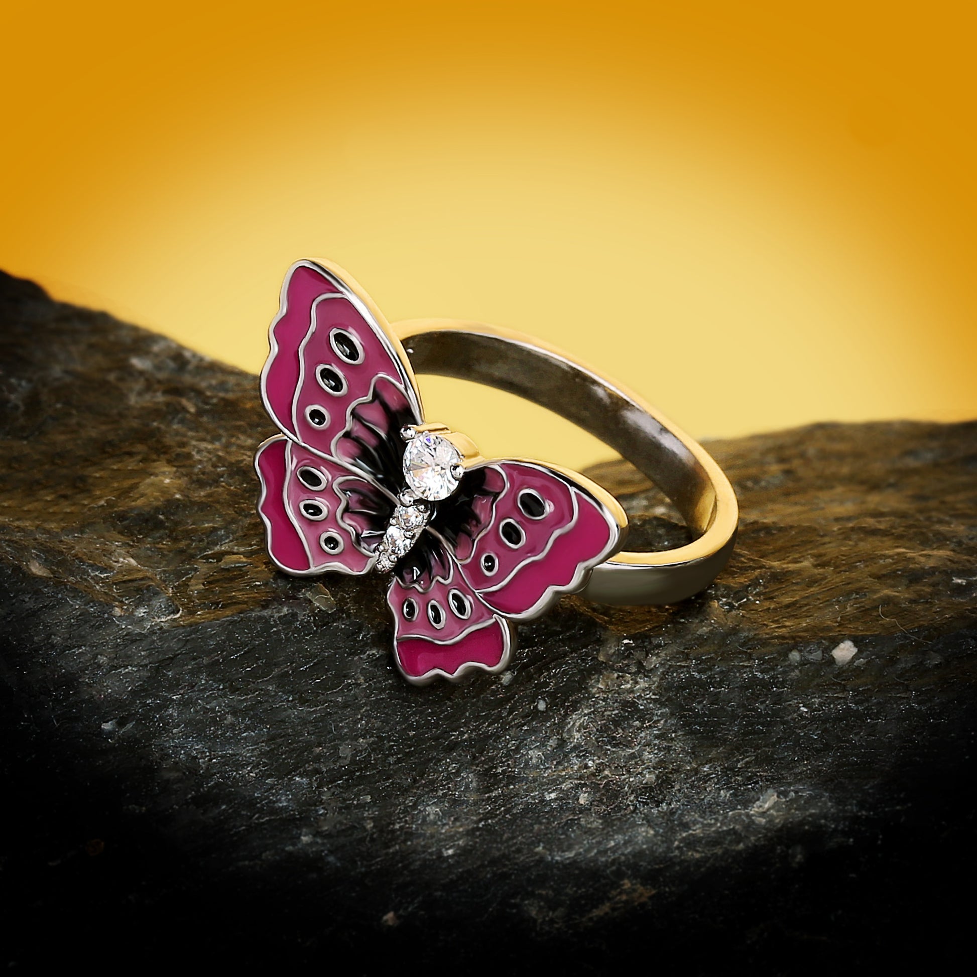 Chinese Jewelry Pink Butterfly Enamel Ring for Women with Zircon in 925 Silver
