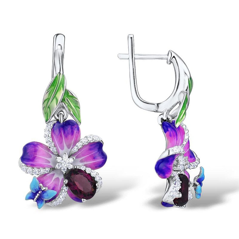 Purple Flower and Butterfly Enamel Hoop Earrings for Women with Zircon in 925 Sterling Silver