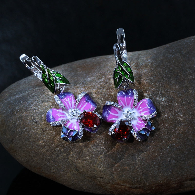 Purple Flower and Butterfly Enamel Hoop Earrings for Women with Zircon in 925 Sterling Silver