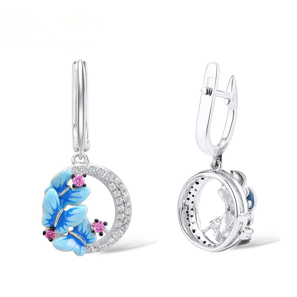 Exquisite Blue Butterfly Enamel Drop Earrings for Women with Zircon in 925 Sterling Silver