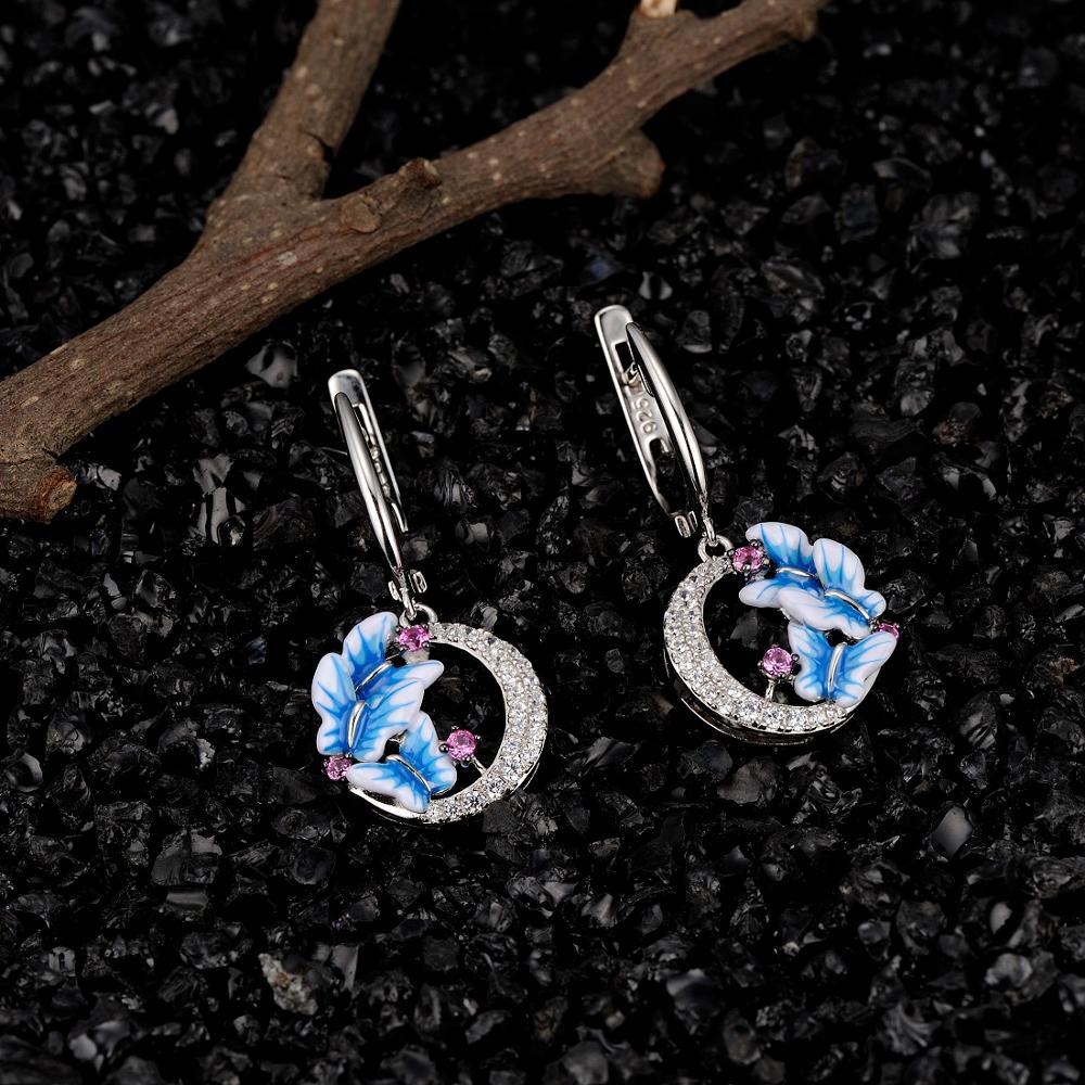 Exquisite Blue Butterfly Enamel Drop Earrings for Women with Zircon in 925 Sterling Silver