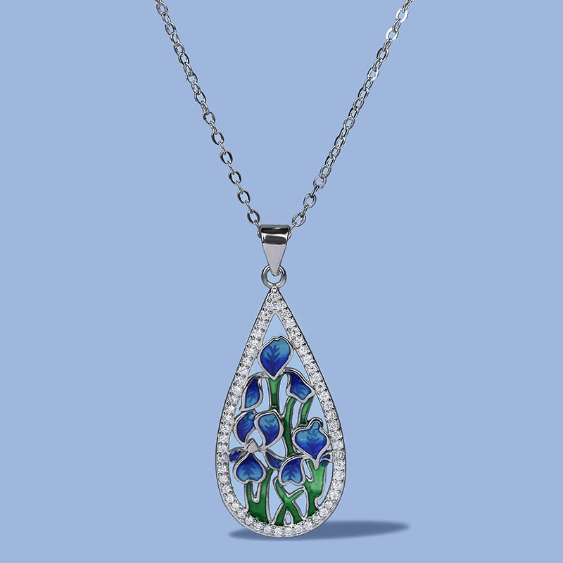 Enamel Fashion Blue Flower Pendant Necklace for Women in 925 Silver
