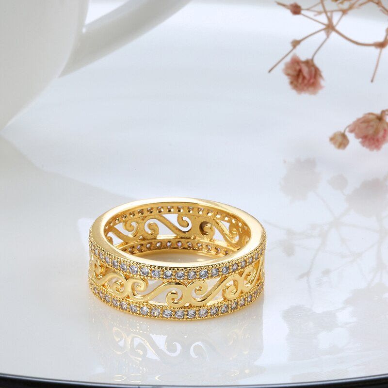 Fine Jewelry Hollow Rings For Women with Natural Zircon in Gold Color