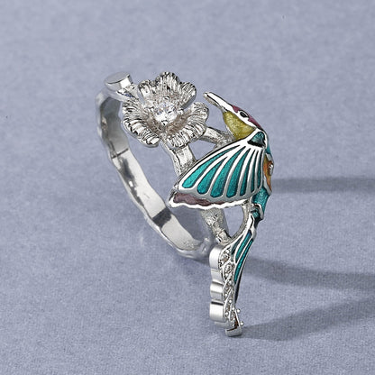 Creative Hummingbird Enamel Ring for Women with Zircon in Silver Color