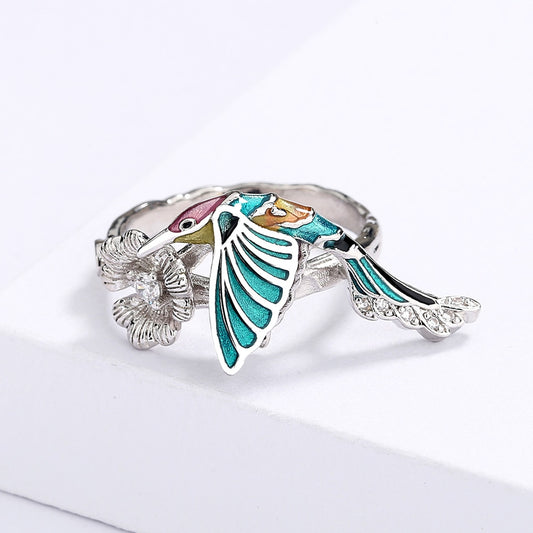Creative Hummingbird Enamel Ring for Women with Zircon in Silver Color