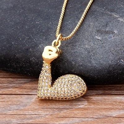 Micro Pave Gesture Hand Pendant Necklace with Rhinestone in Gold Color