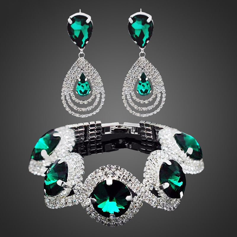 Wedding Jewelry Vintage Green Pear Cut Crystal Jewelry Set for Bridal