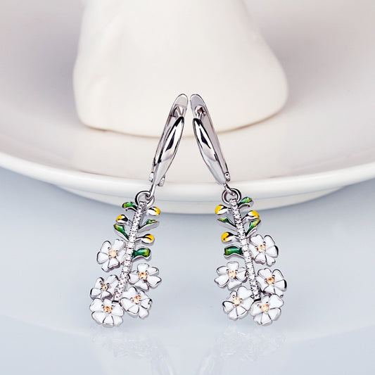 Exquisite White Flower Enamel Drop Earrings for Women with Zircon in 925 Sterling Silver