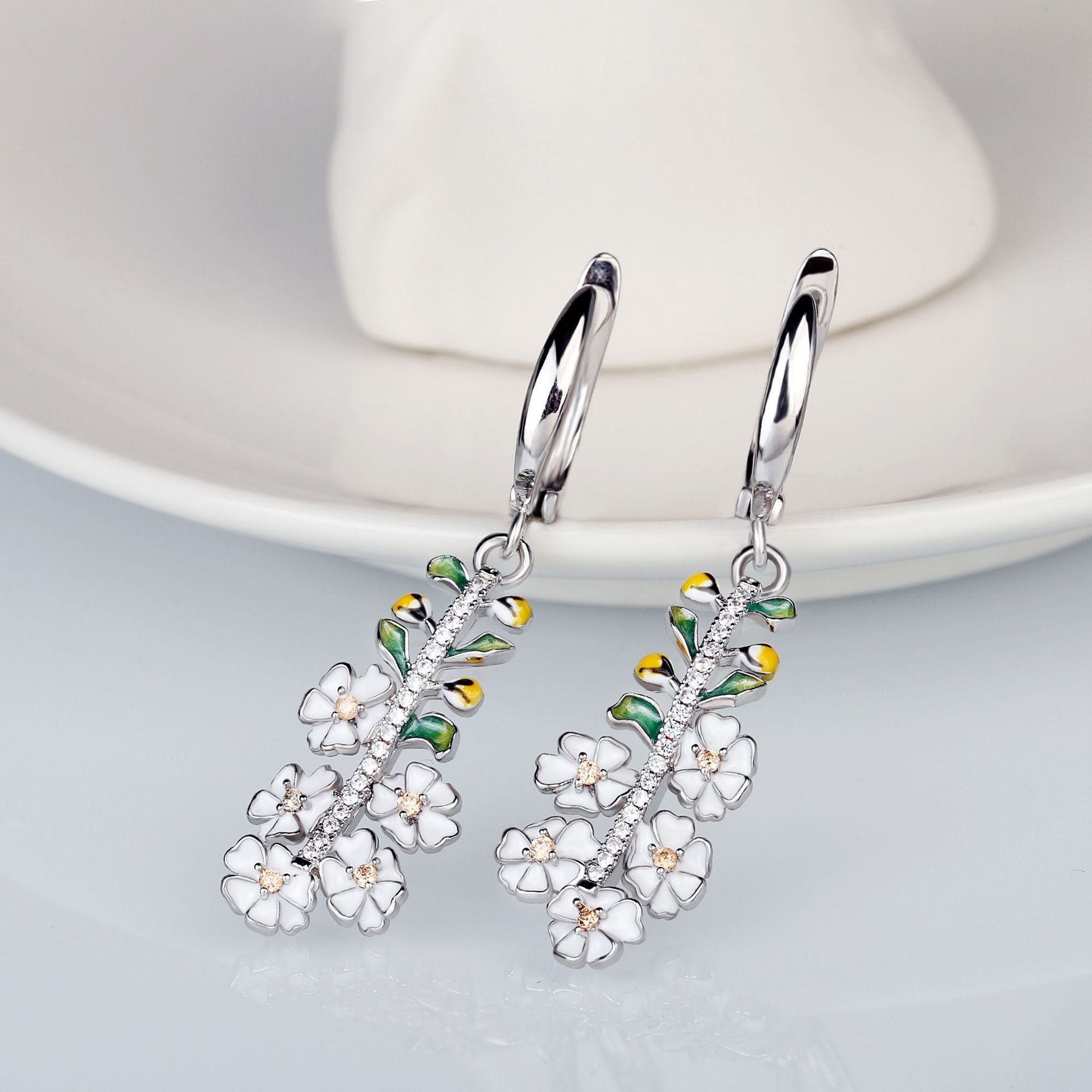 Exquisite White Flower Enamel Drop Earrings for Women with Zircon in 925 Sterling Silver