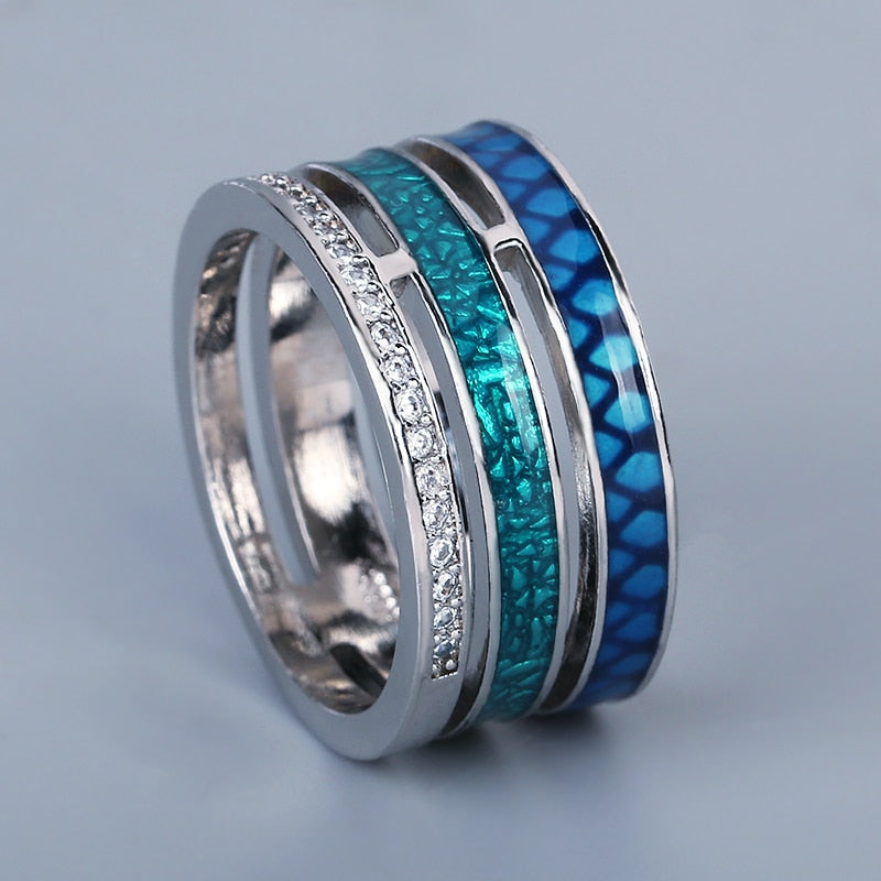 Creative Rings for Women with Three-layer Blue Zircon and Handmade Enamel