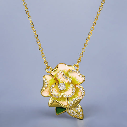Exquisite Yellow Flowers Pendant Necklace for Women with Handmade Enamel