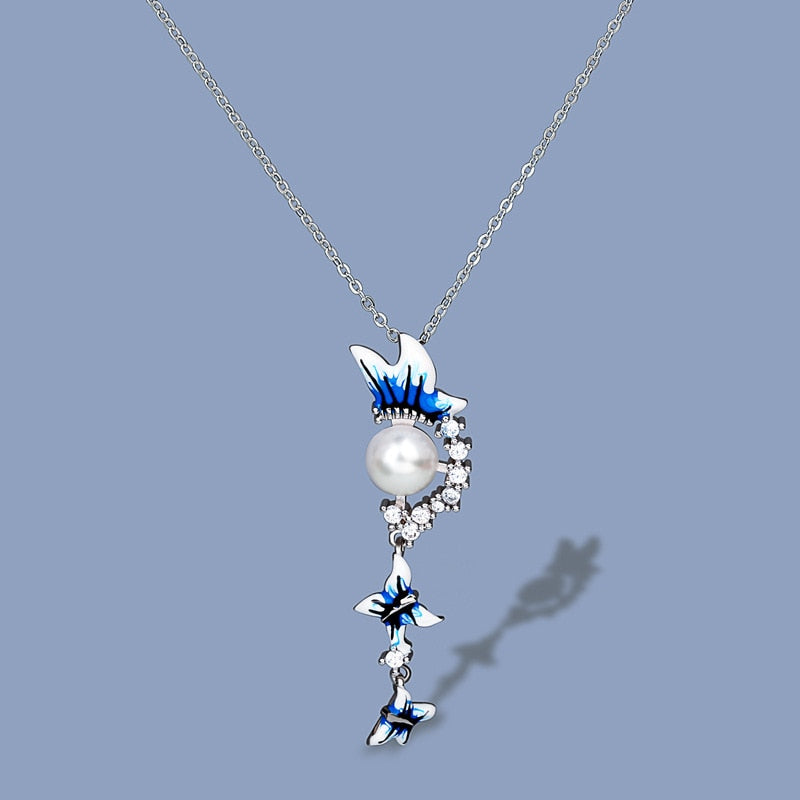 Elegant Blue Butterfly Tassel Pendant Necklace with Pearl in Silver 925