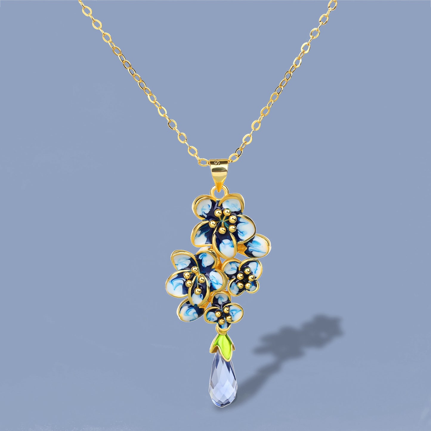 Elegant Blue flower Pendant Necklace for Women with Handmade Enamel in Silver 925