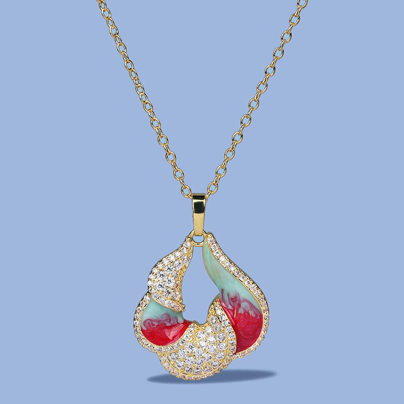 Water Drop Enamel Pendant Necklace with dazzling Zircon in Gold Color