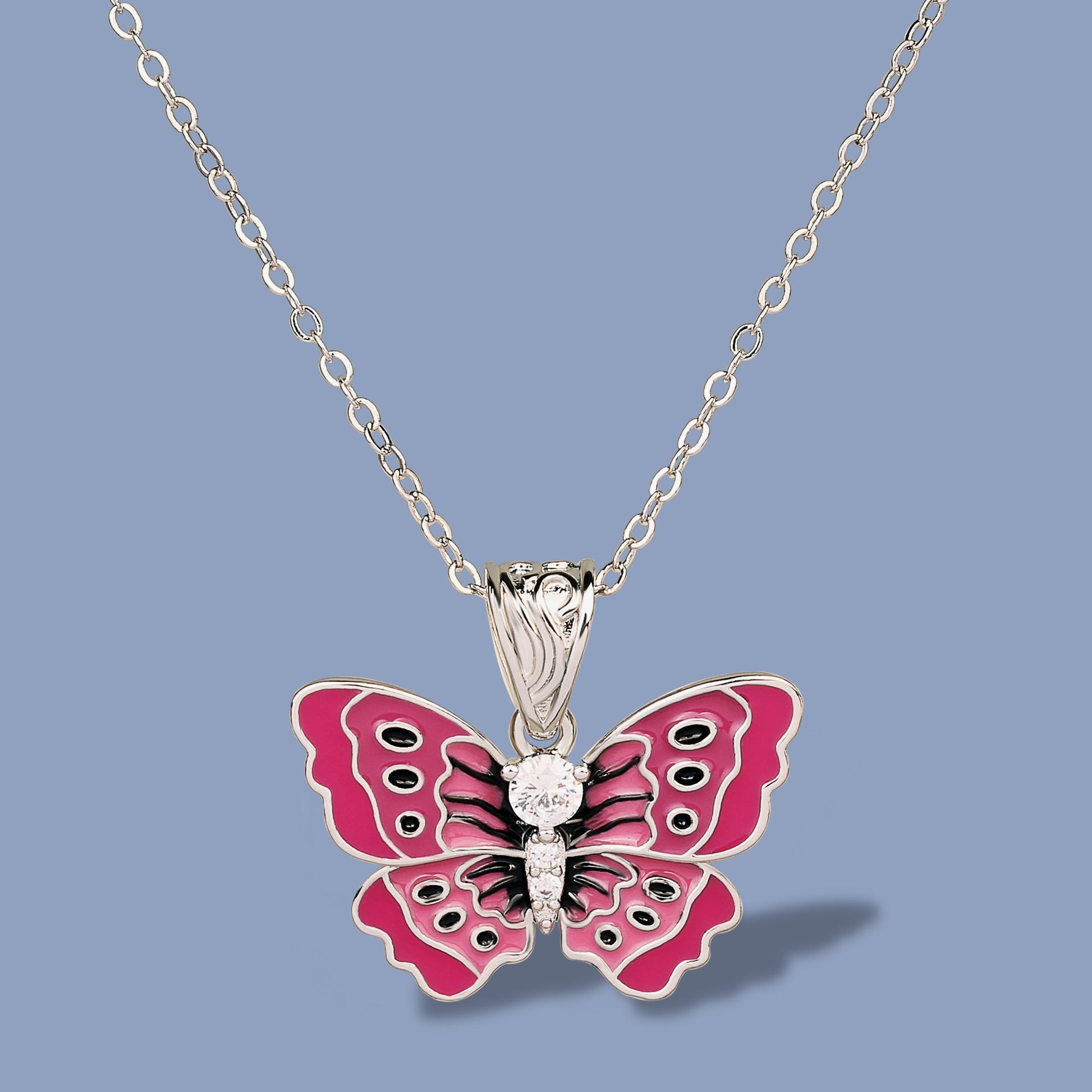 Butterfly Enamel Pendant Necklace for women with Zircon dazzling in 925 Silver