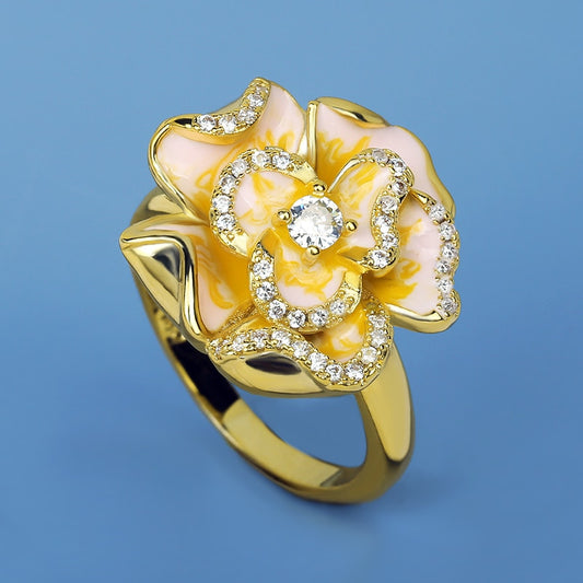 Classic Flower Enamel  Ring for Women with Dazzling Zircon in Golden Color