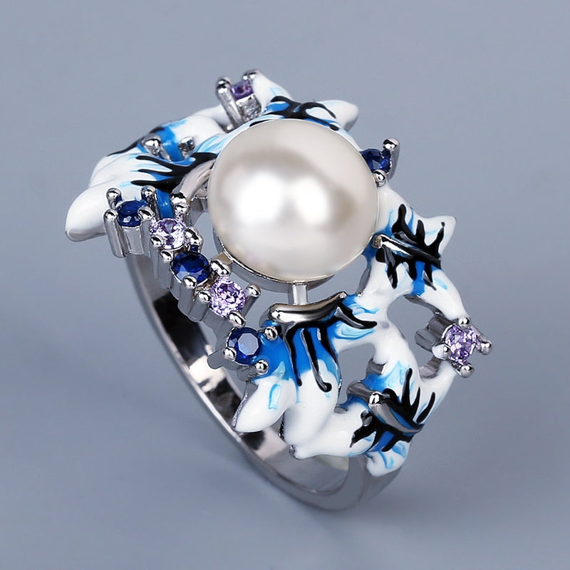 Blue Flower Enamel Ring Jewelry For Women with Exquisite Pearl in 925 Silver