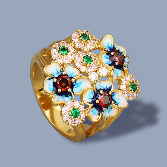Gorgeous Enamel Flower Ring for Women with Zircon Jewelry in  925 Silver Color