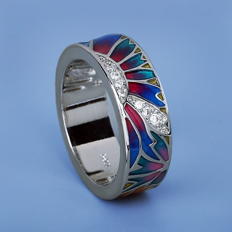 Classic Sun Ring  for Women with Zircon and Enamel in Silver Color