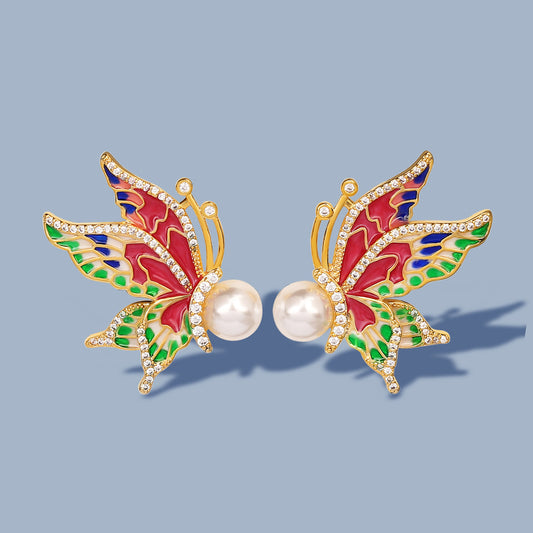 Exquisite Butterfly Earrings with Pearl and Zircon in 925 Sterling Silver