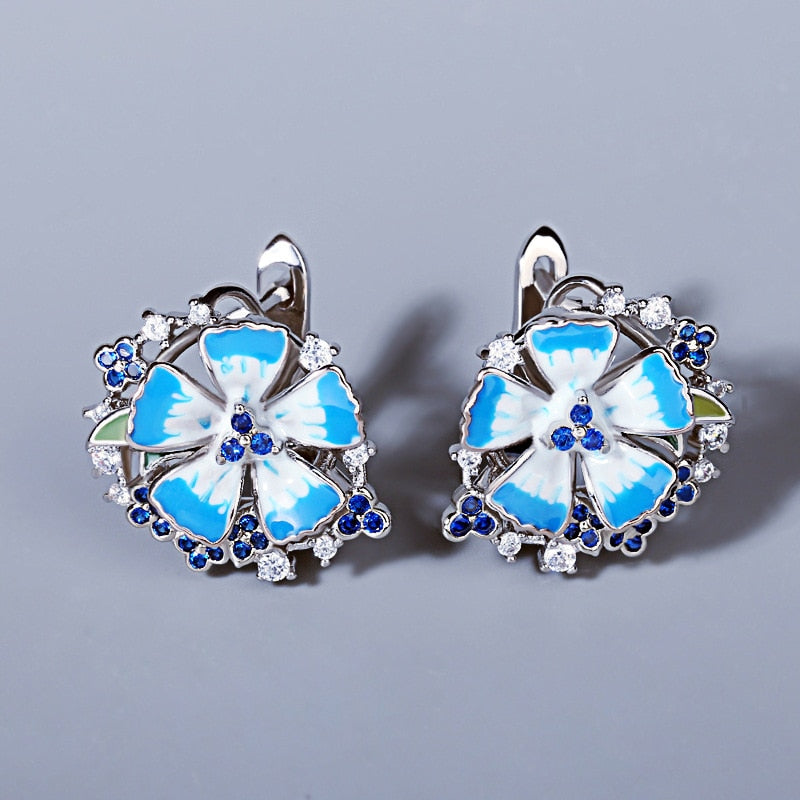 Blue Flower Earrings for Women with Handmade Enamel in 925 Sterling Silver