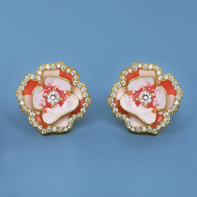 Fashion Pink Flower Earrings for Women with Handmade Enamel in 925 Silver