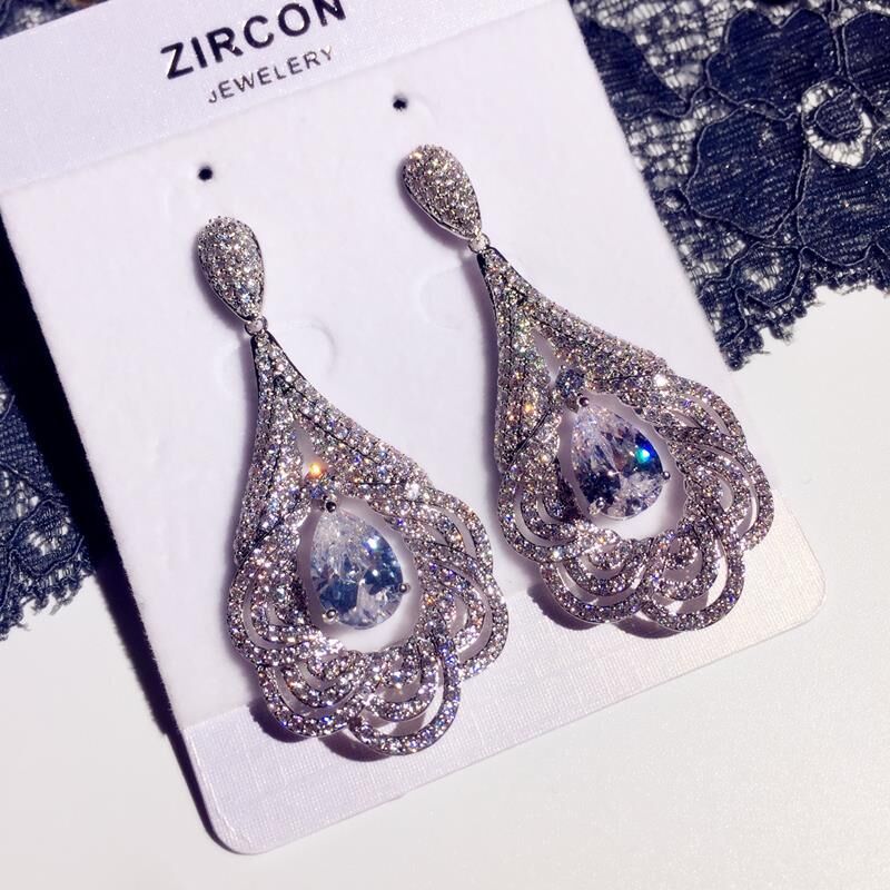 Luxury Exaggerated Feather Tassel Earrings with Crystal AAAA Zircon