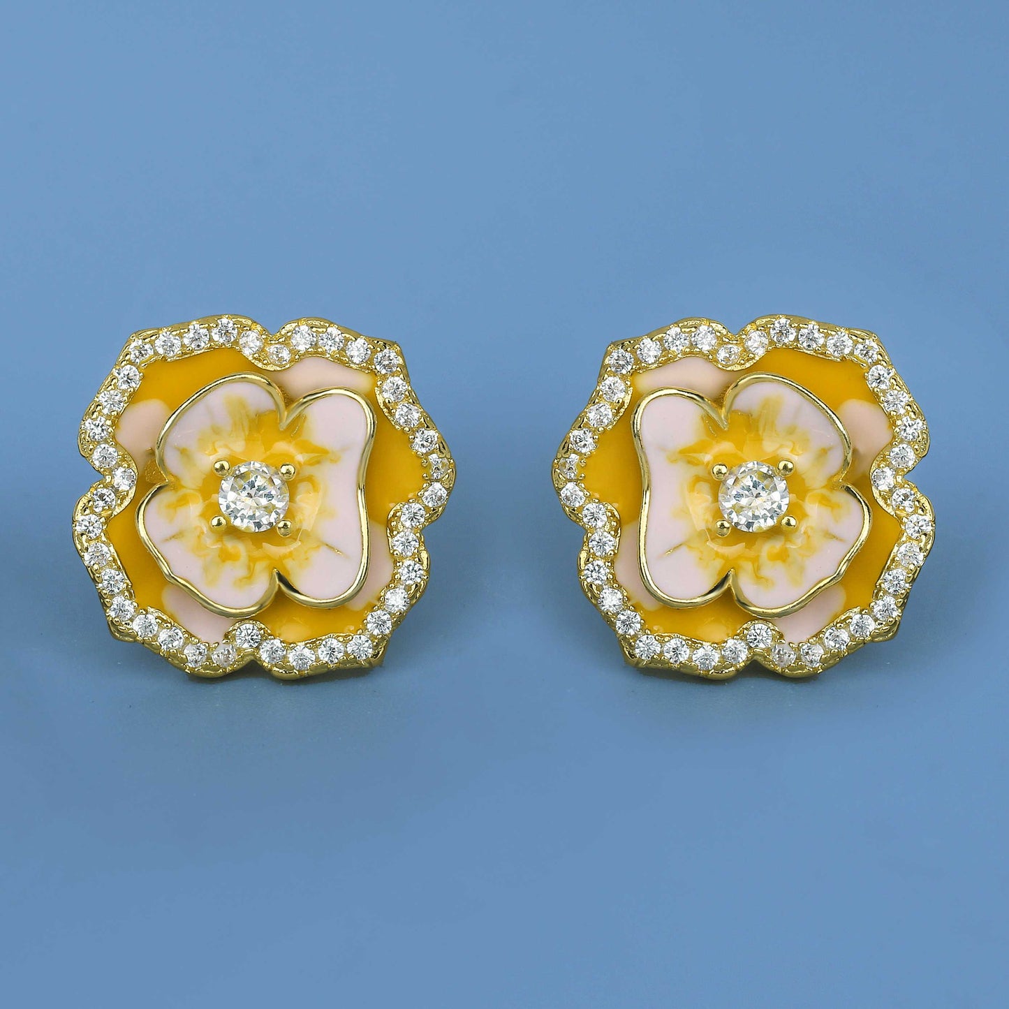 Fashion Yellow Flower Earrings for Women with Handmade Enamel in 925 Silver